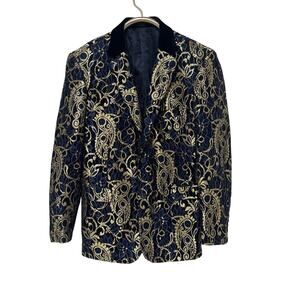 Blu Martini Blue & Gold Paisley Lace Velvet Liberace Style Tux Dinner Jacket M